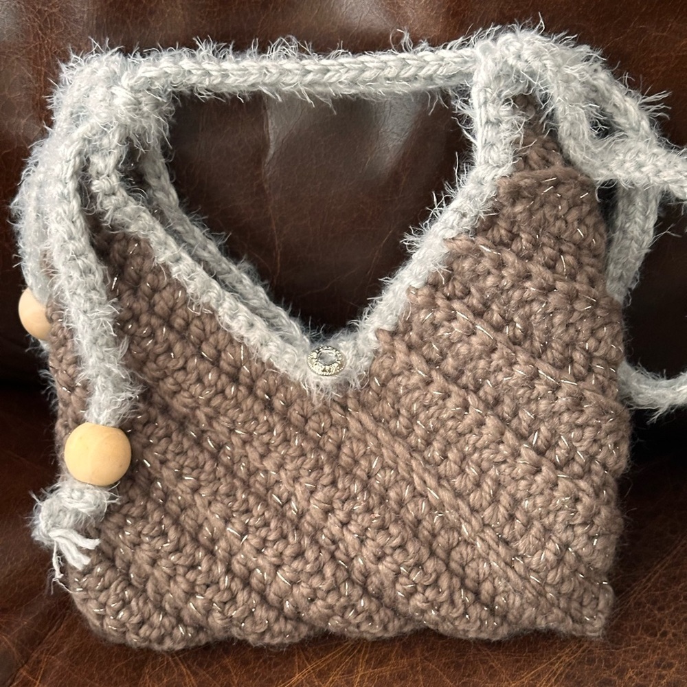Hand crafted one of a kind hand knit crochet brown hobo style purse handbag